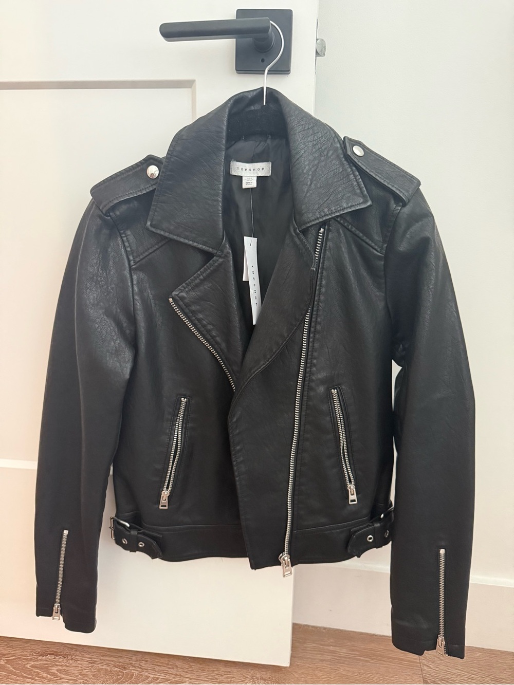 Topshop Black Faux Leather Biker Jacket with Silver Hardware